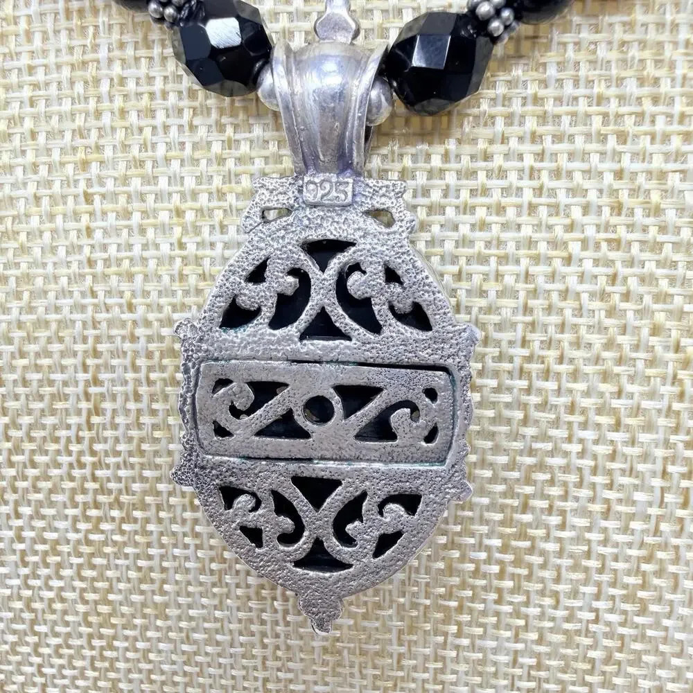 Vintage Sterling Silver 925 and Beaded Black Onyx Pendant Necklace 18 Inch